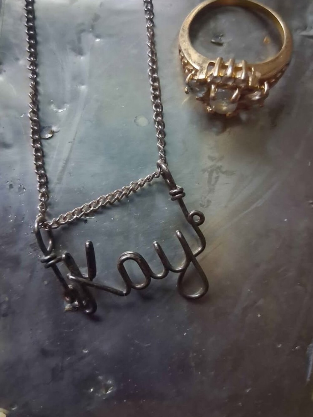 Handcrafted 'Kay' Script Name Necklace in Silver And not Real GOLD RING 2PIECES